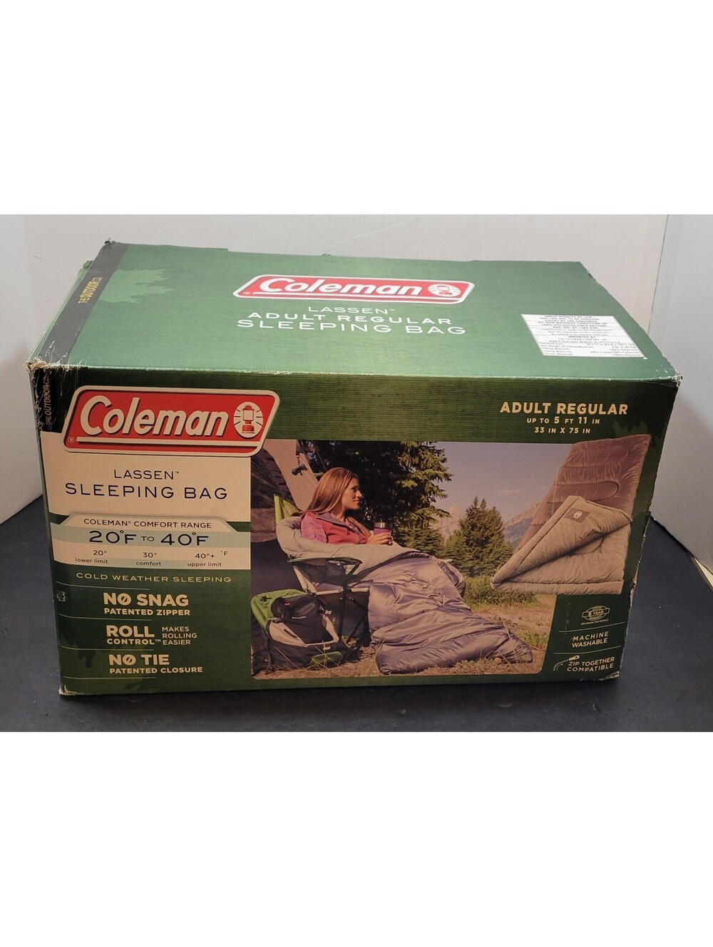Coleman Lassen Adult Regular Sleeping Bag 20-40 Degrees Cool Weather 33"x75"